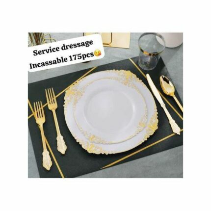 Lot de couvert doré : 175 Pieces Assiette en melamine + fourchette , couteaux , grands cuilliere petites cuillieres